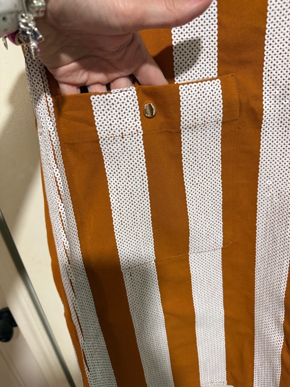 QUEEN OF SPARKLES Rust Orange and White Striped Pinafore Dress Xs Texas - Picture 4 of 9